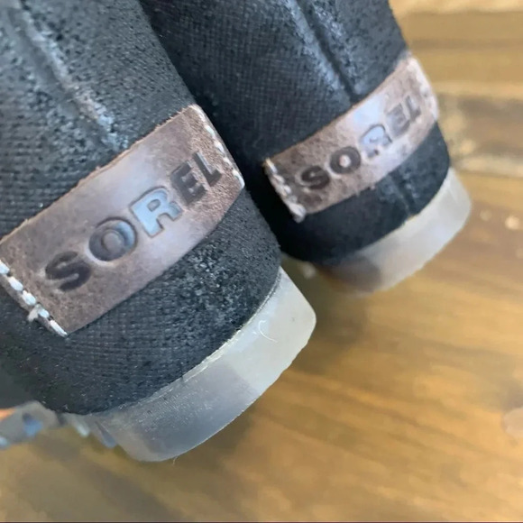 Sorel Joanie II Black Wedge Sandals Heels Canvas Leather Ankle Strap Open Toe 7 - Picture 8 of 9